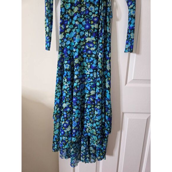 GANNI Mesh Wrap Dress Blue Floral Print Maxi 36, US S - Picture 5 of 13